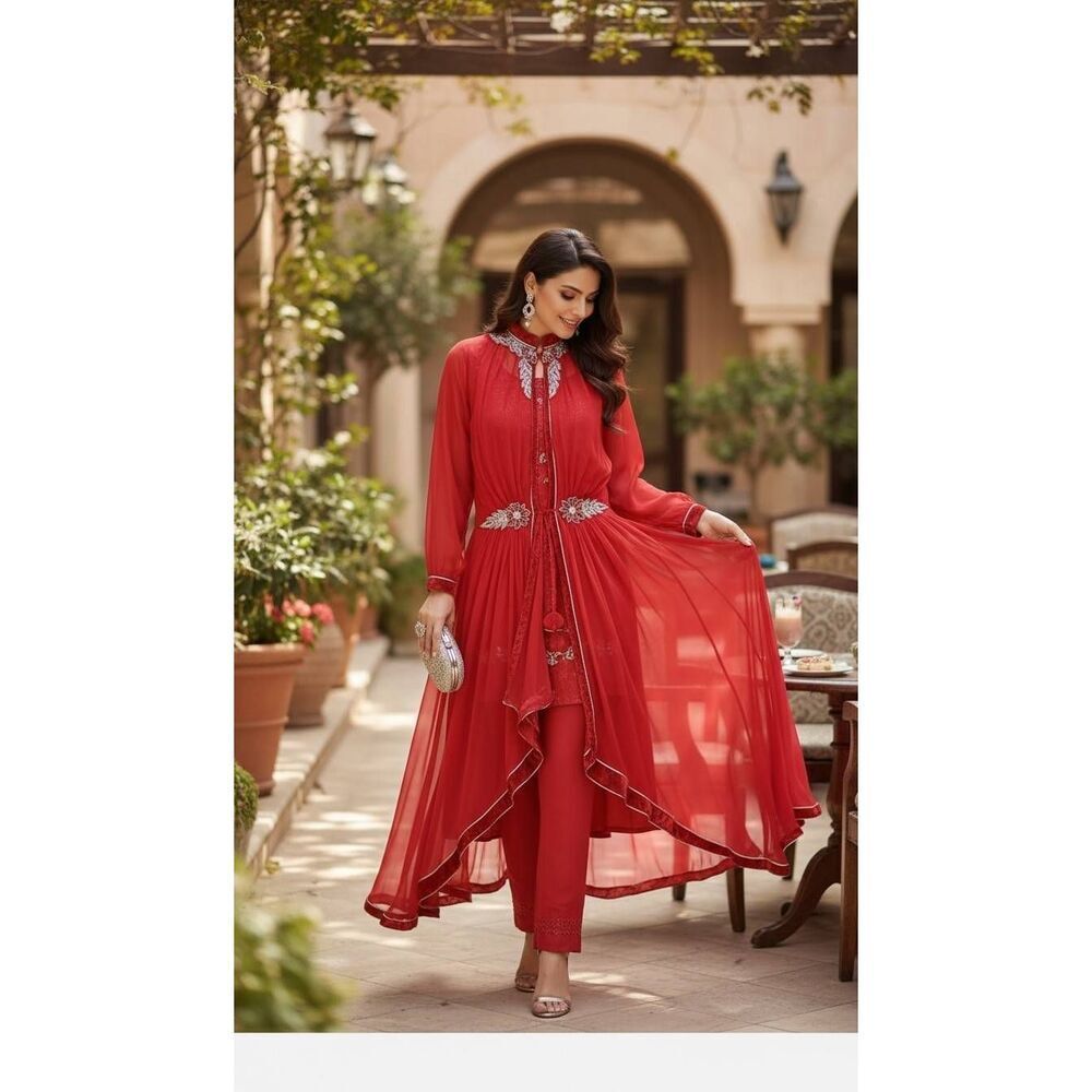 Red 4 piece Anarkali set